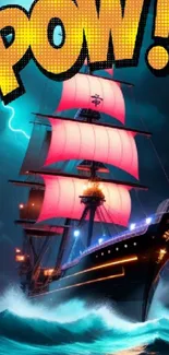 Comic-style ship on stormy sea wallpaper.