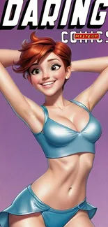 Vibrant comic character with red hair on a purple background.