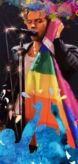 Vibrant concert scene with rainbow flag and crowd.