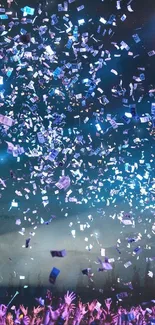 Energetic concert scene with confetti and vibrant colors over a cheering crowd.