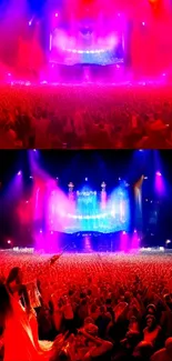 Energetic concert crowd with vivid red lights at a music festival.