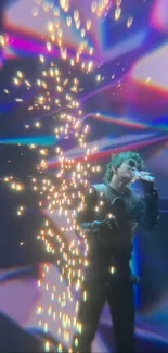 Concert with vibrant lights and dynamic sparks in display.