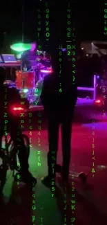 Concert scene with neon lights and abstract green digital symbols.