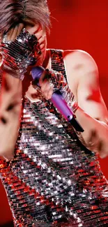 Performer in glittering outfit with red backdrop.