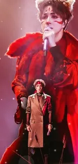 Striking concert performer in vibrant red outfit and dramatic stage lighting.