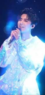 Singer with neon blue lighting on stage performing energetically.