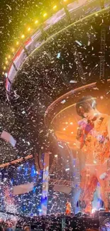 Colorful concert scene with vibrant lights and confetti on stage.