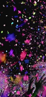 Vibrant confetti shower with lifted hands celebrating in colorful hues.