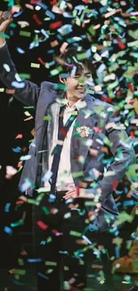 Person celebrating with colorful confetti cascading around.