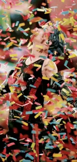 Person joyfully surrounded by colorful confetti rain.