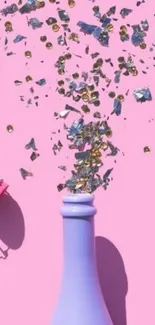 Purple bottle with confetti on pink background.