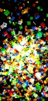 Vibrant confetti explosion wallpaper with multicolored squares on a dark background.