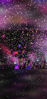 Vibrant confetti explosion against a violet backdrop, perfect for phone wallpaper.