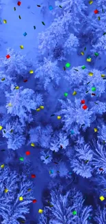 Snowy forest with vibrant confetti falling overhead, creating a vivid scene.