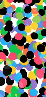 Vibrant mobile wallpaper with colorful confetti circles on a white background.