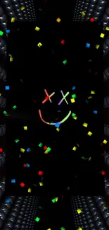 Colorful confetti smiley face on dark background wallpaper.