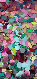 Colorful confetti with pink, blue, and green highlights in a vibrant pattern.