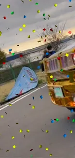 Golden truck driving with colorful confetti shower.