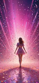 Girl surrounded by vibrant confetti in pink light.