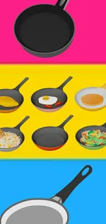 Vibrant wallpaper with colorful pans and food art on a pink background.