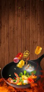 Colorful ingredients in a skillet with a wooden backdrop and flames.