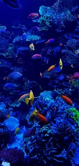 Vibrant coral reef scene with colorful fish and marine life in a blue aquatic environment.