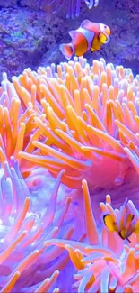 Colorful coral reef with clownfish and sea anemones in vibrant hues.