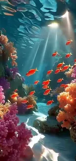 Underwater scene with coral reef and tropical fish.