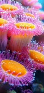 Vibrant pink and orange coral in a marine setting wallpaper.