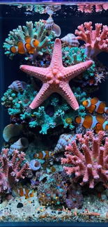 Colorful coral reef with starfish and clownfish.