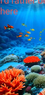 Colorful coral reef with vibrant fish under a blue ocean.