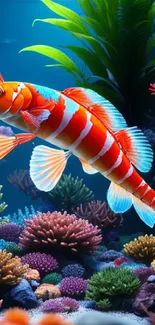 Colorful fish swimming in vibrant coral reef.