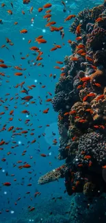 Coral reef with vibrant fish and blue ocean background.