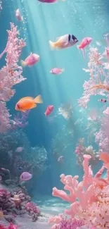 Vibrant coral reef with colorful fish swimming underwater.