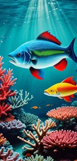 Colorful fish swimming in vibrant coral reef.