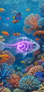 Vibrant coral reef with colorful fish and marine life.