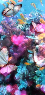 Colorful coral reef with vivid fish and butterflies underwater.