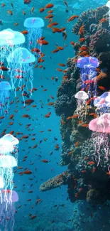 Vibrant coral reef with colorful fish swimming underwater scene.