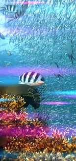 Vibrant underwater coral reef scene with colorful fish.