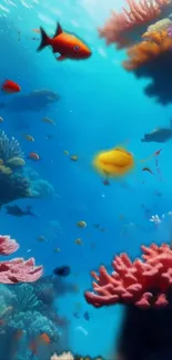 Colorful underwater coral reef scene with vibrant fish.