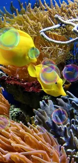 Colorful coral reef with yellow fish underwater.