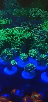 Vibrant coral reef with glowing greens and blues, featuring diverse marine life.