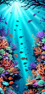 Vibrant coral reef with colorful marine life and shimmering ocean depths.