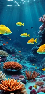 Vibrant coral reef with colorful fish swimming, creating a lively underwater scene.