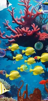 Colorful coral reef with fish and vibrant marine life in an ocean background.