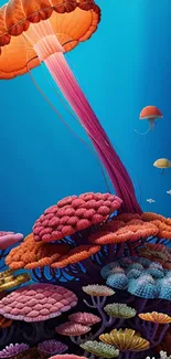 Vibrant coral reef with jellyfish in a colorful ocean scene.