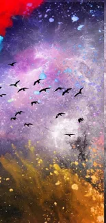 Vibrant cosmic abstract wallpaper with colorful galaxies and flying silhouettes.