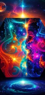 Vibrant cosmic abstract art with celestial design and vivid colors.