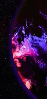 Vibrant cosmic abstract wallpaper with swirling purple and pink patterns.