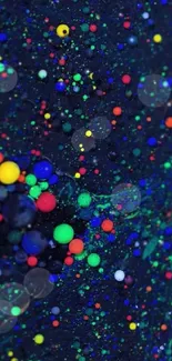 Colorful abstract cosmic wallpaper with neon splashes on dark background.